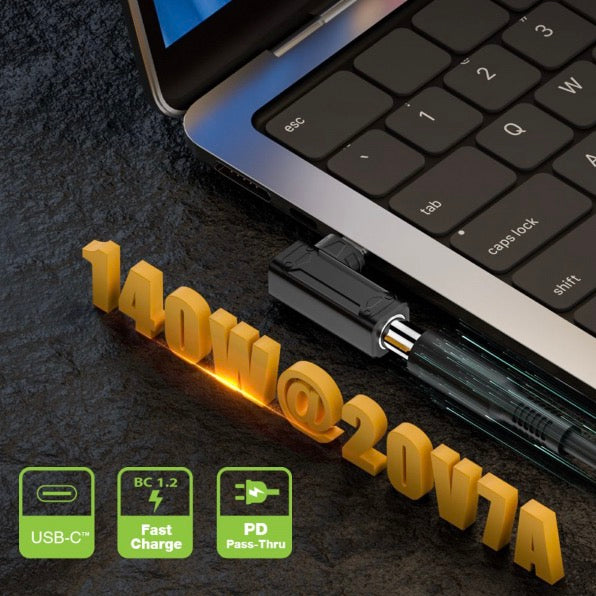 DC to USB C PD 140W laptop power plug adapter close up