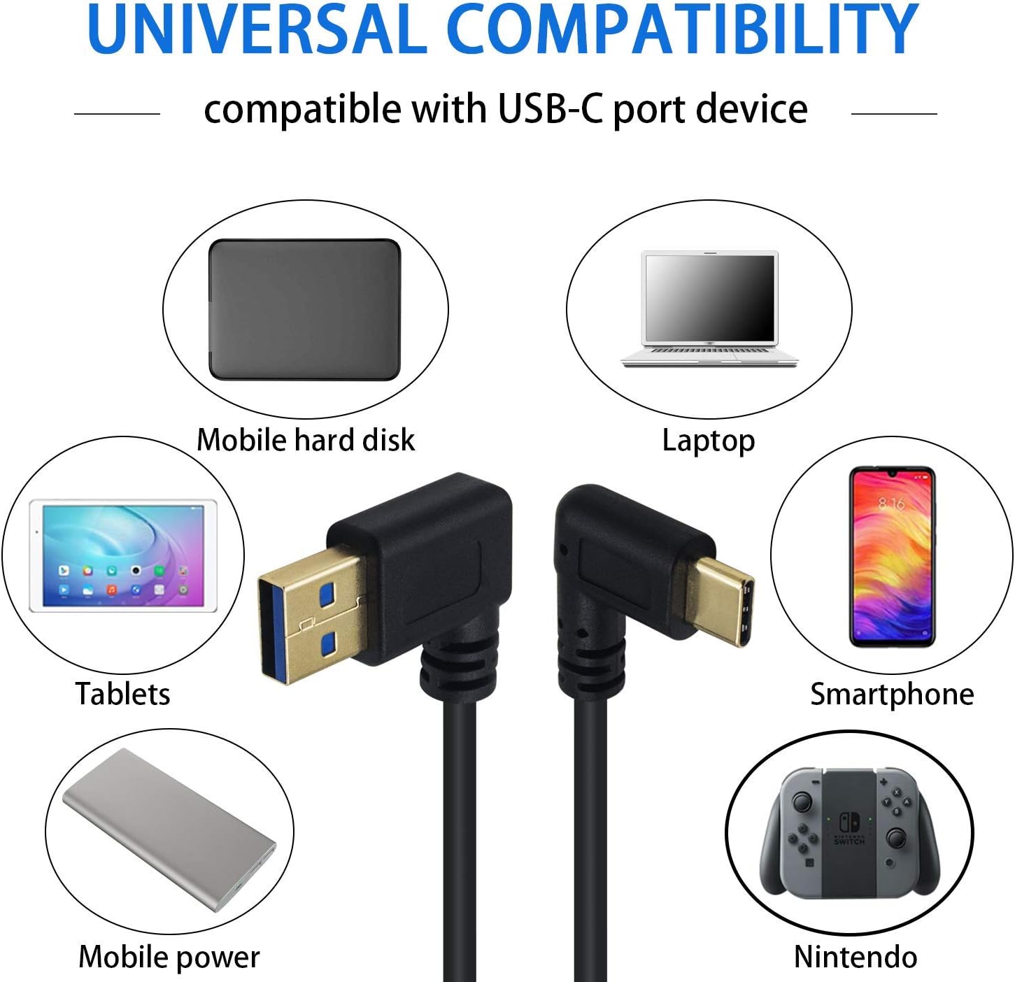 USB-A 3.0 Left Angle to USB-C Data Sync Charge Cable 0.25m