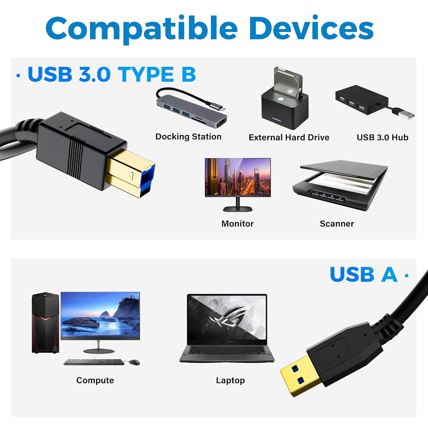 USB 3.0 A Male to B Male Cable – Gold Plated SuperSpeed Data Cord