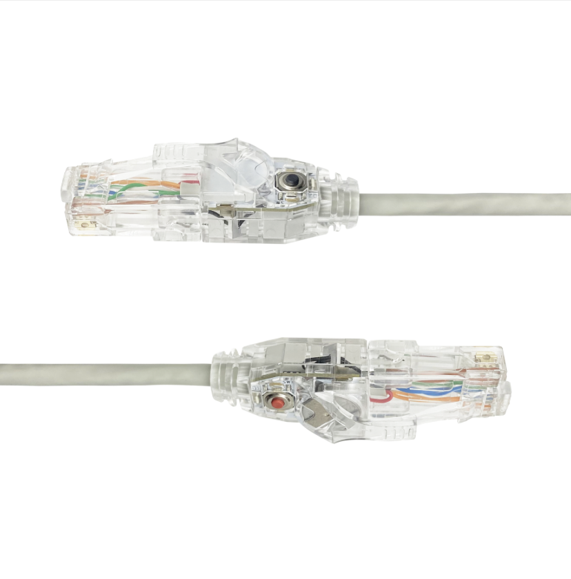 Clear Ethernet cable connector on a white background