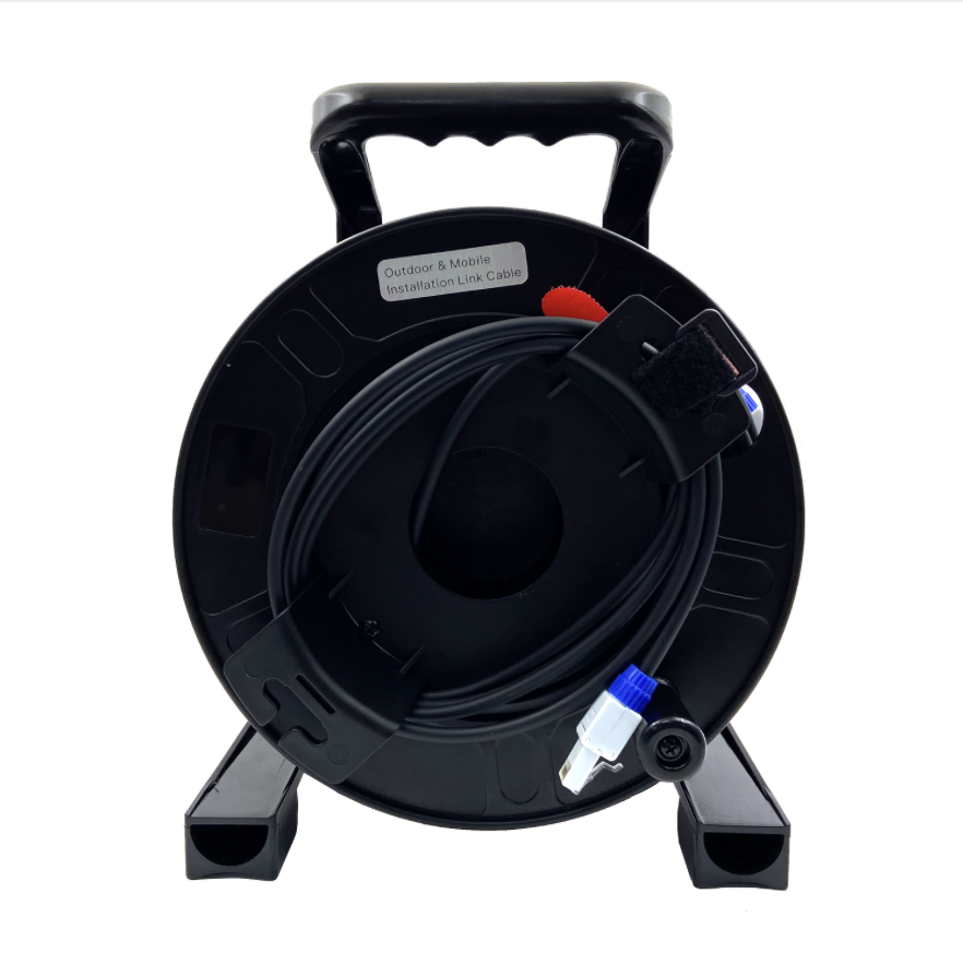 Black reel with extension cable on a white background