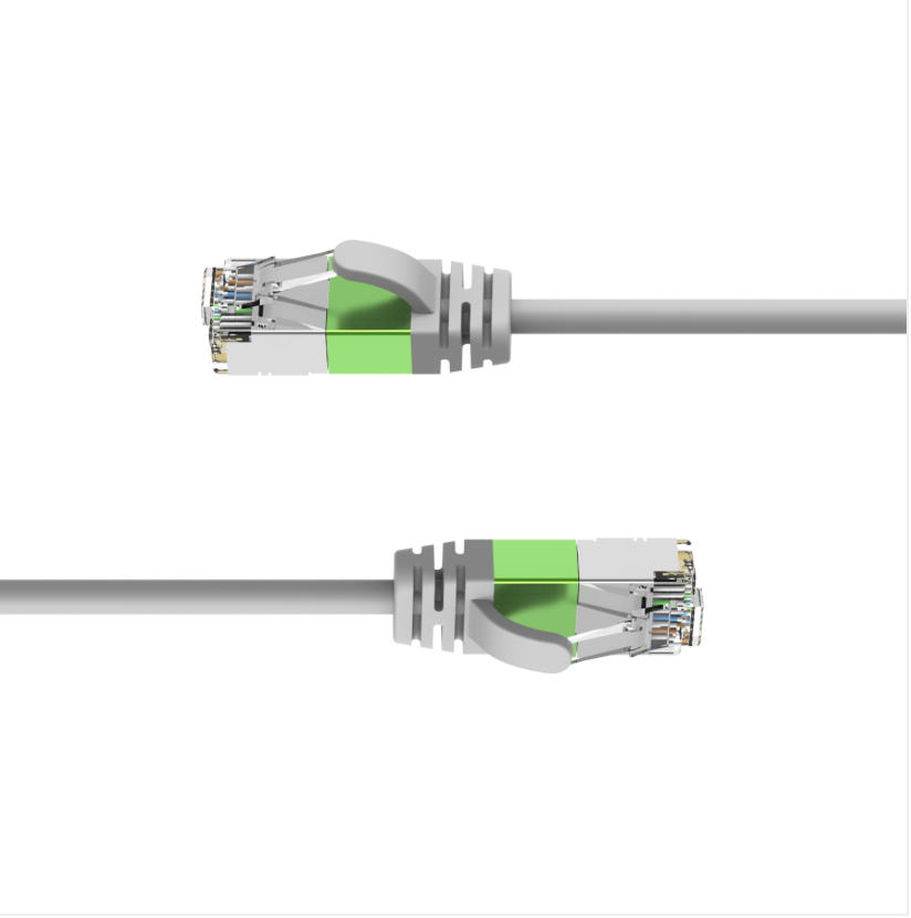 Two Ethernet cables with green and silver connectors on a white background