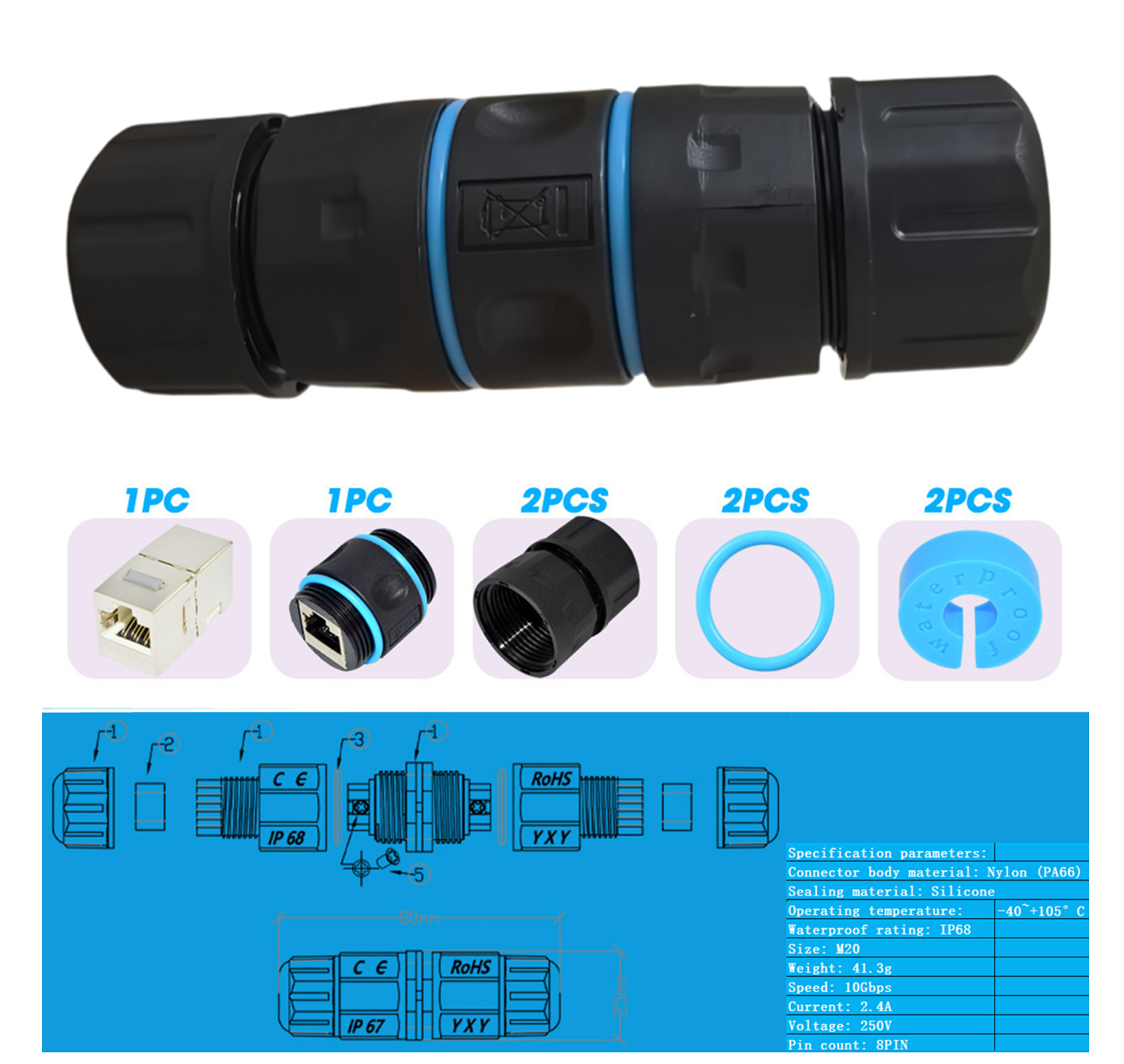 RJ45 Waterproof Coupler Connector, IP68 Shielded STP Cat5/5e/6 Ethernet LAN Cable Adapter (Outdoor Double-Head)