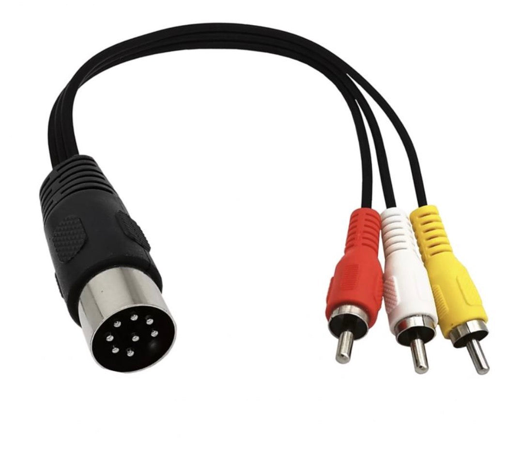 An 8-Pin Din male plug connected to a 3 RCA male audio cable, with black, red, and yellow wires.