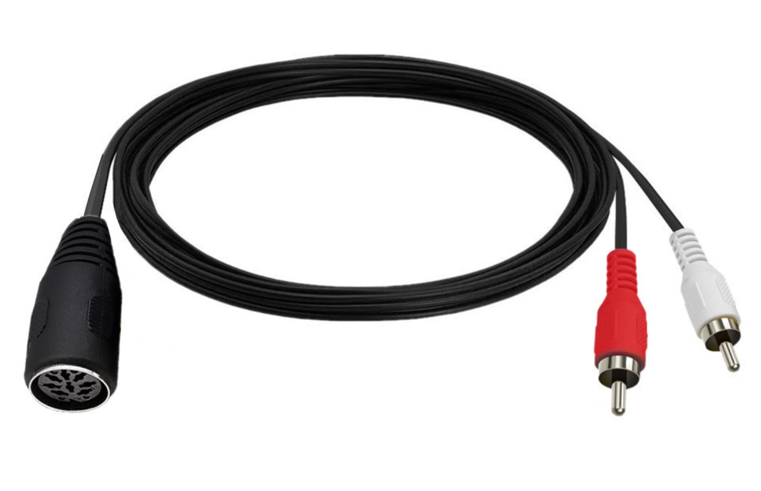 Close-up of the 8-pin DIN female connector and dual RCA male plugs