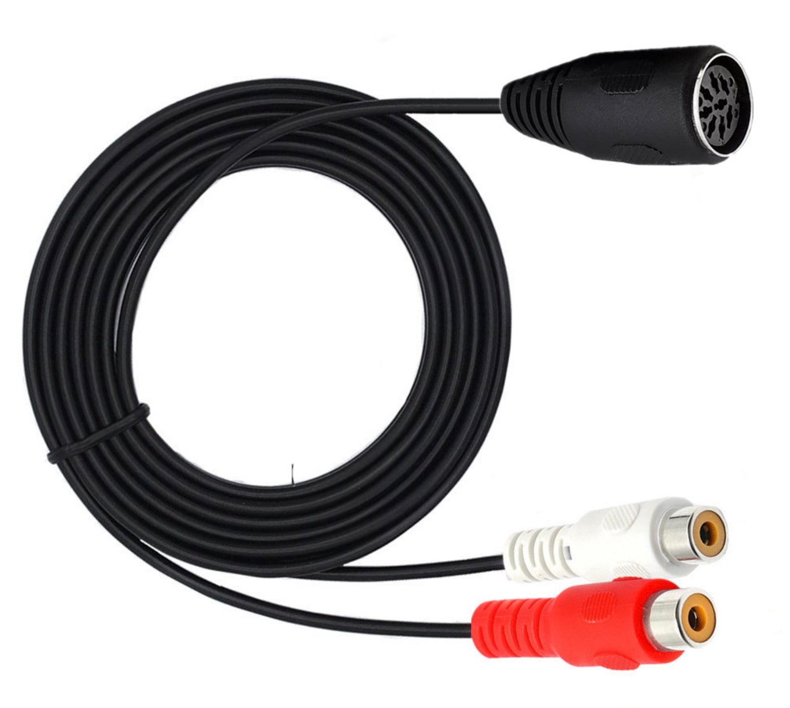 Detailed view of the 8-pin DIN female connector and dual RCA female sockets