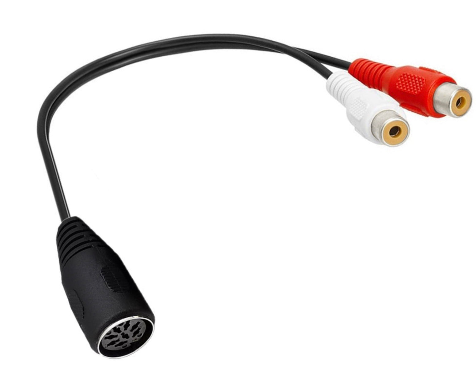 8-pin DIN to dual RCA female audio cable connected to a home Hi-Fi system