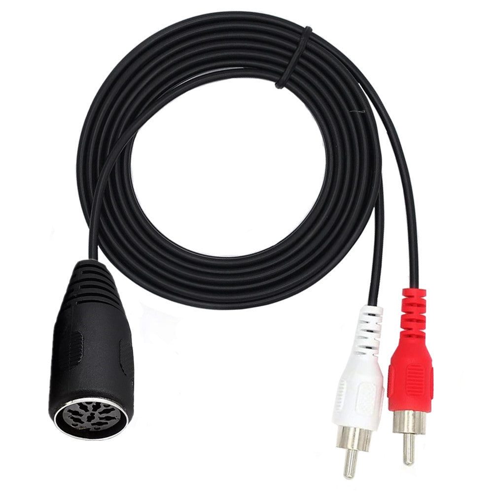 8-pin DIN female to dual RCA male audio cable connected to a Hi-Fi audio system