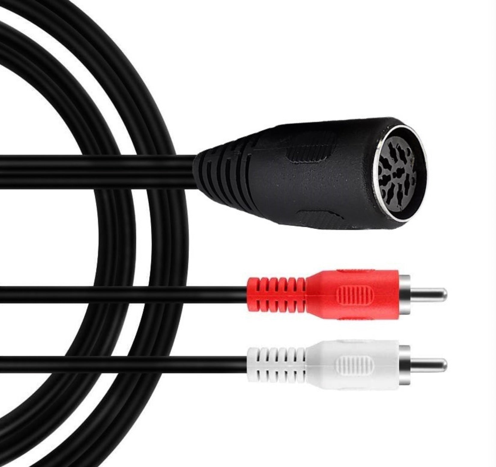 Side view of the 8-pin DIN female to dual RCA male audio cable
