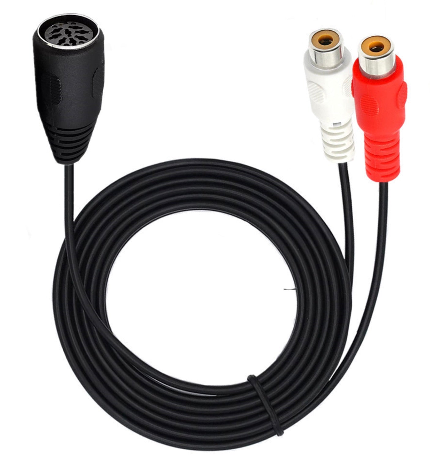 Overview of the 8-pin DIN female to dual RCA female audio adapter cable