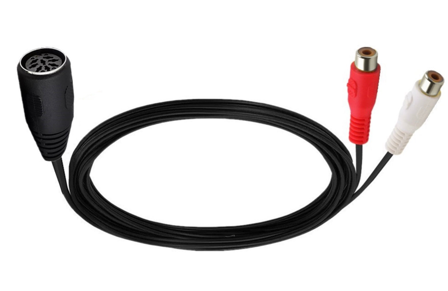 Side view of the 8-pin DIN female to dual RCA female splitter cable