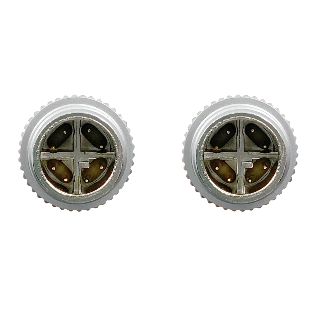 Two gray wheels with a central hub on a white background