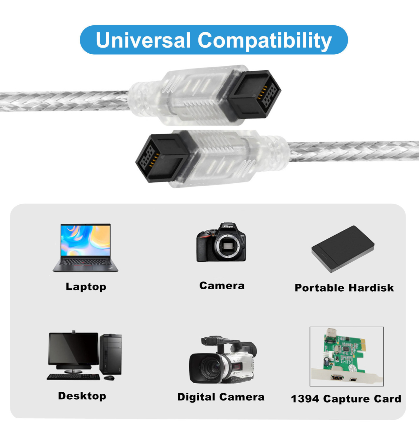 FireWire IEEE 1394B 9-Pin to 9-Pin Cable – Male to Male Data Transfer Cord for DV Camcorder, Laptop