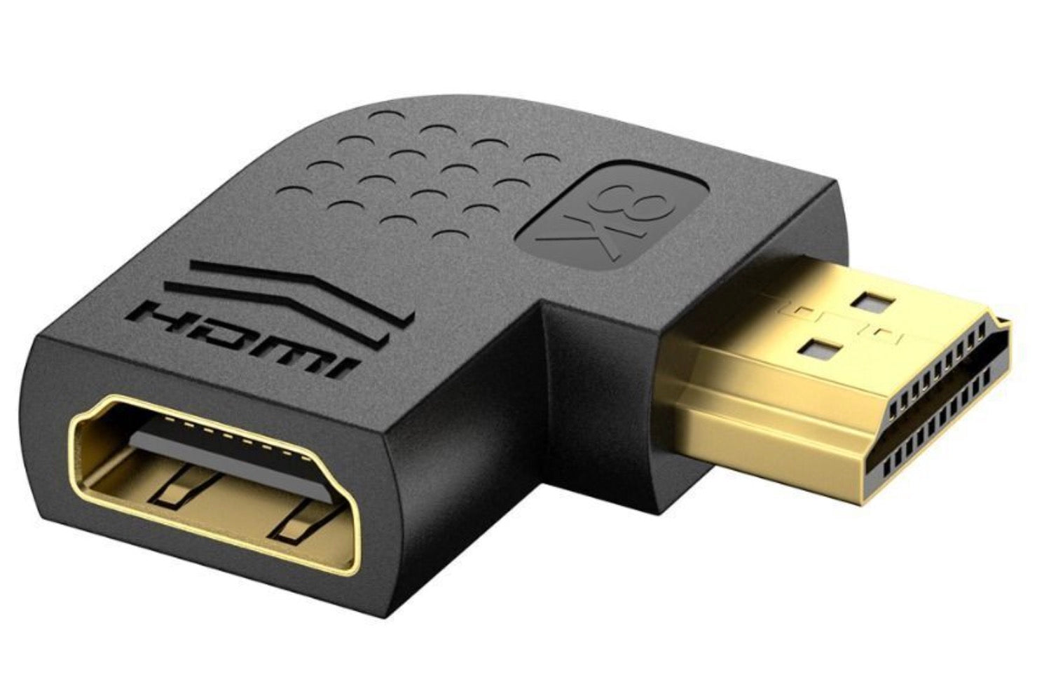 An angled HDMI extension adapter with one male and one female connector, predominantly black in color with gold-plated connectors.