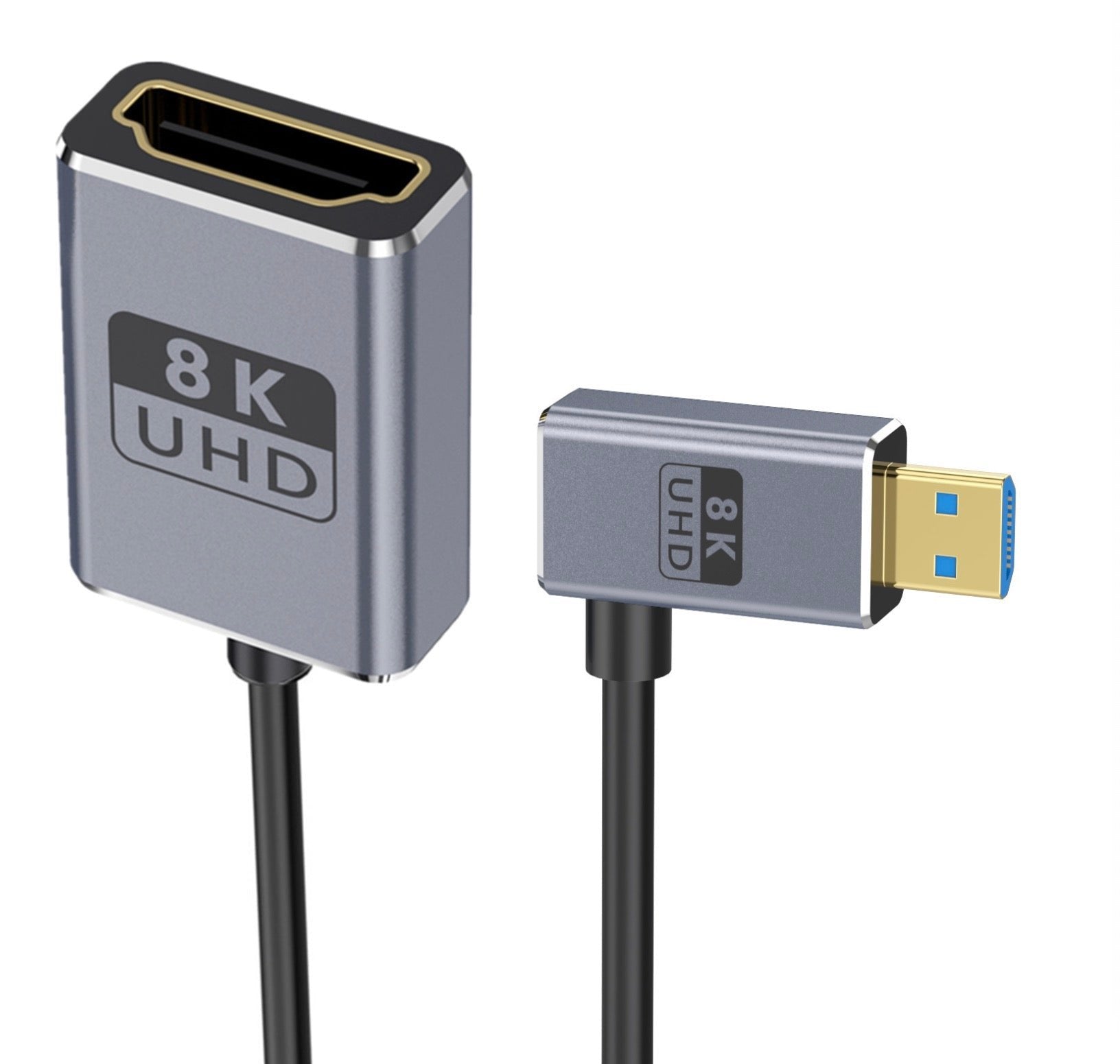 A black coiled micro HDMI to HDMI cable with a micro HDMI connector on one end and an HDMI connector on the other.