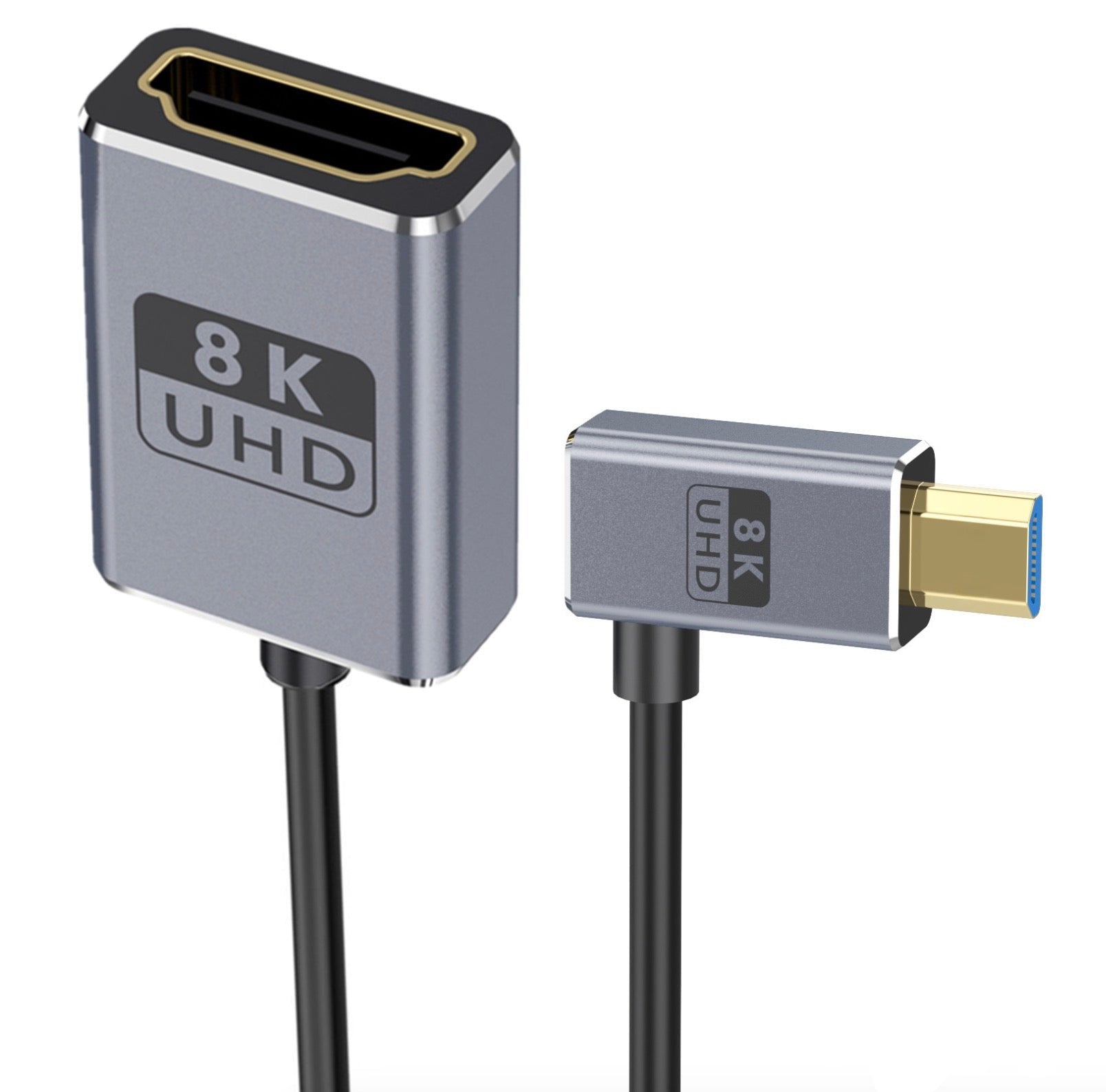 A black coiled micro HDMI to HDMI cable with a micro HDMI connector on one end and an HDMI connector on the other.