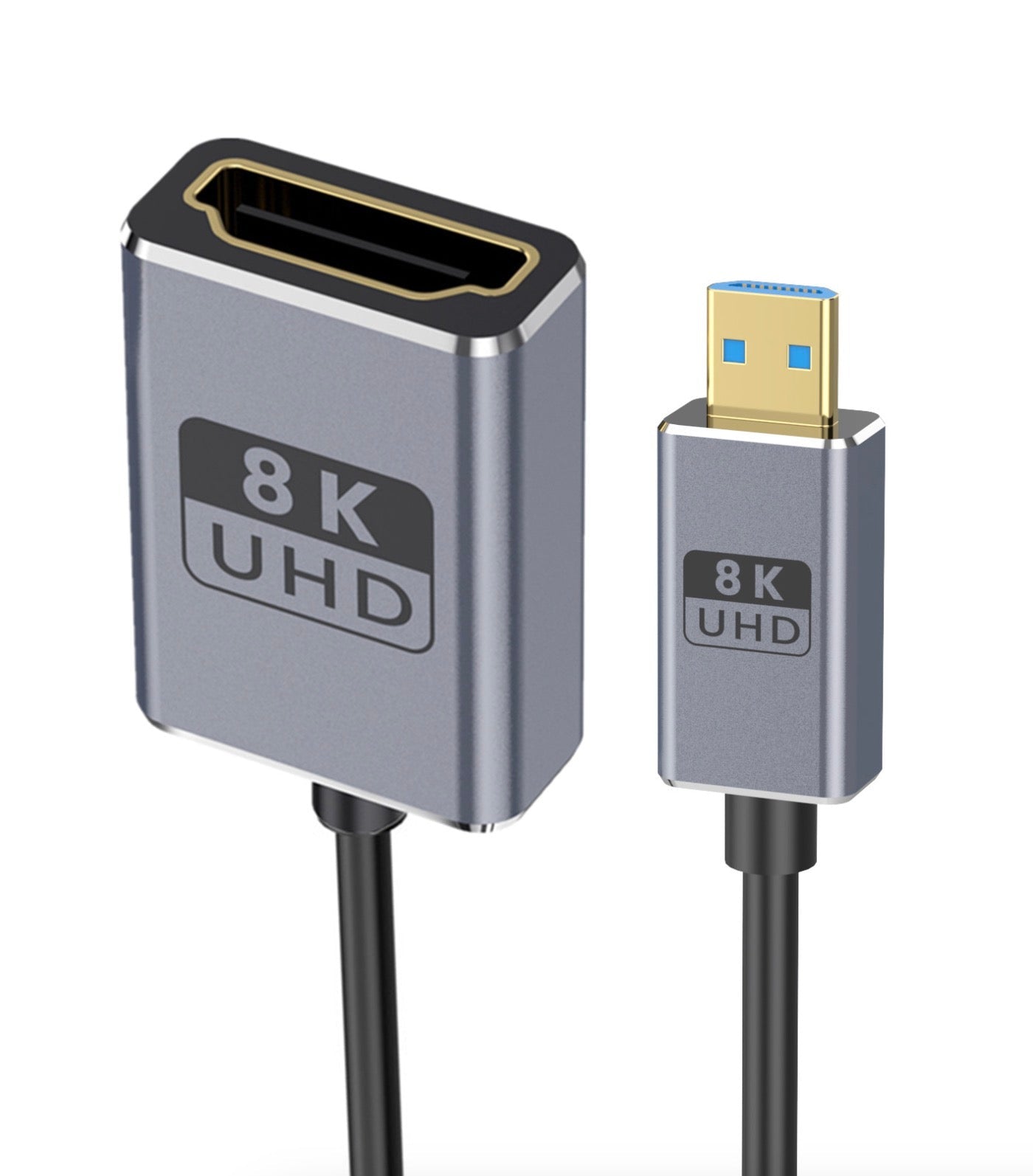 A black coiled micro HDMI to HDMI cable with a micro HDMI connector on one end and an HDMI connector on the other.