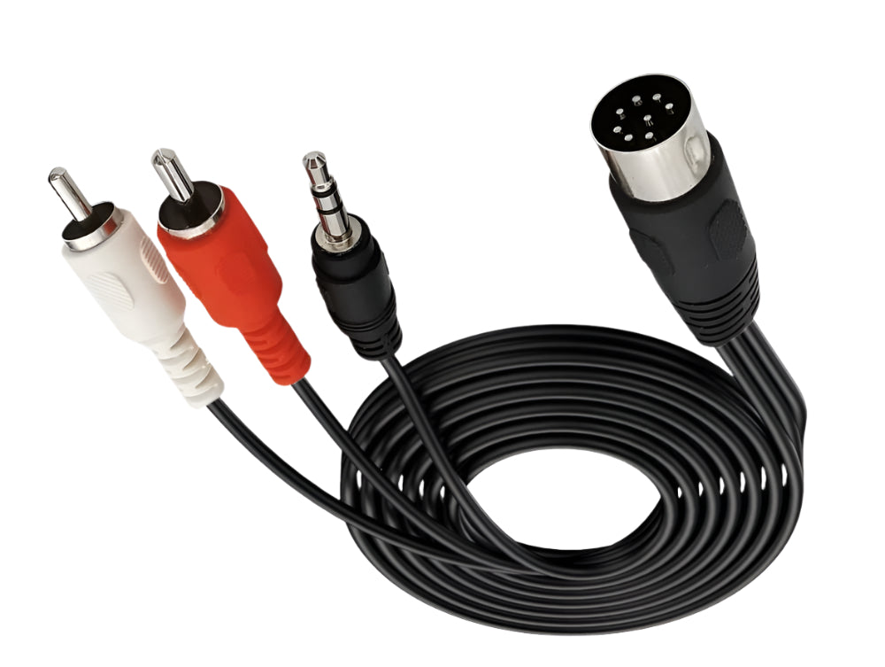 Multicolored audio cable with various connectors on a white background