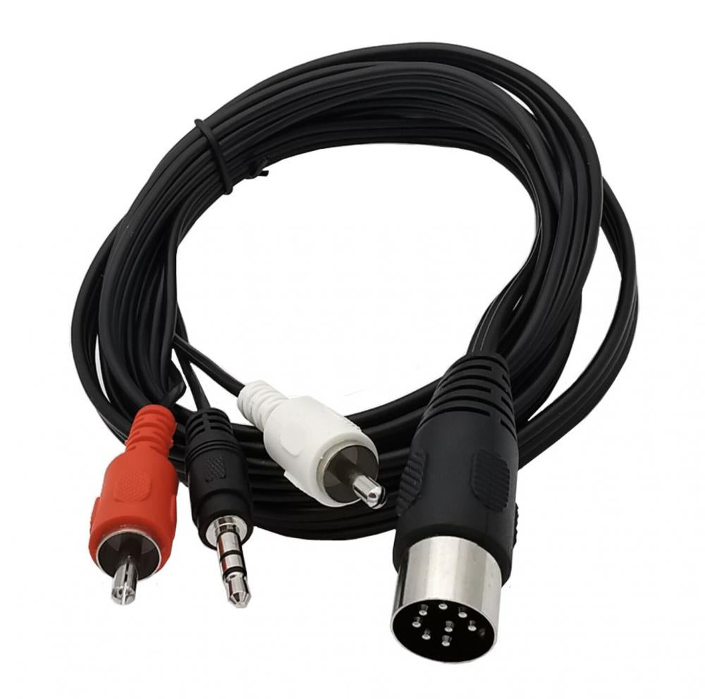 Multicolored audio cable with various connectors on a white background