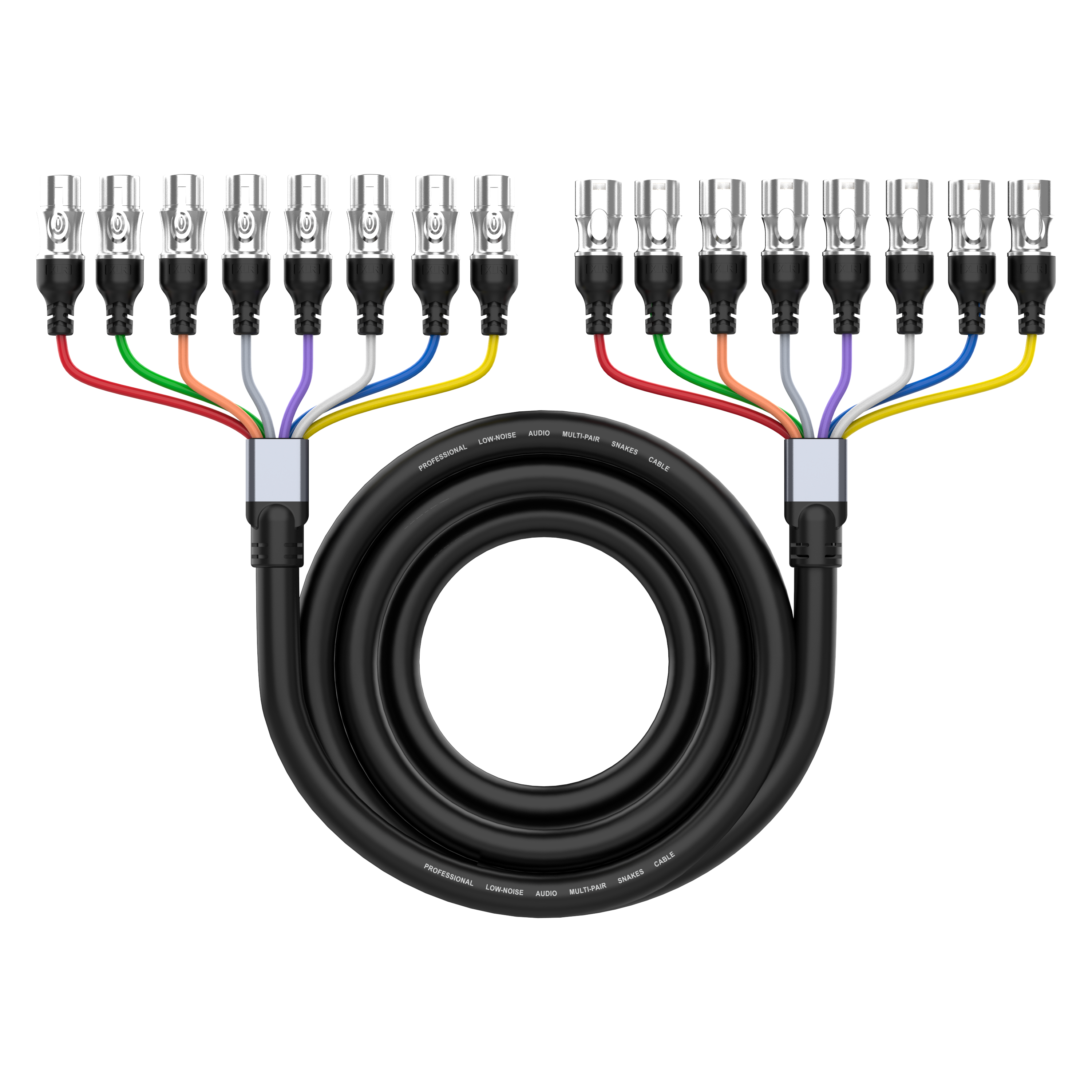 8 way XLR male to XLR female snake cable with colour coded fan out for professional live sound and studio audio routing