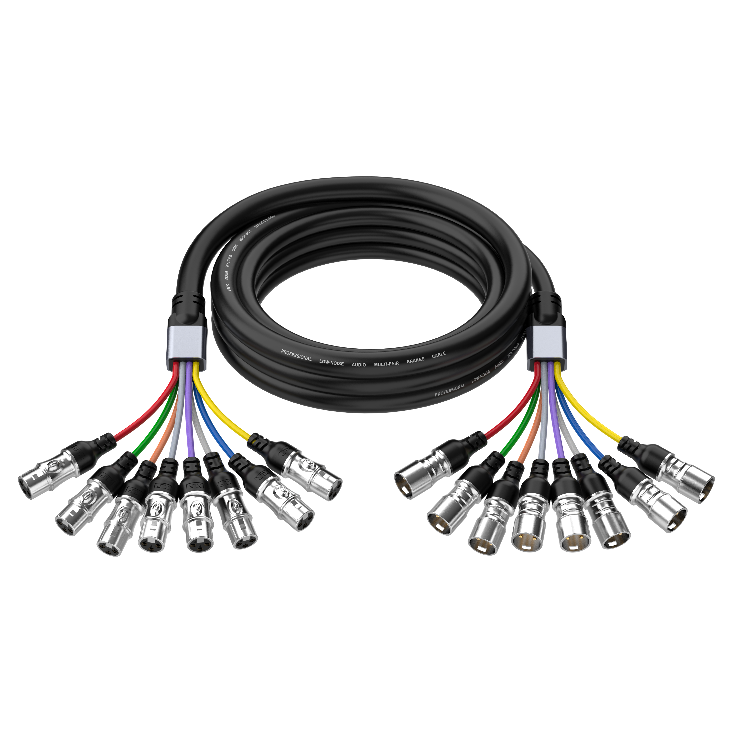 8 way XLR male to XLR female snake cable with colour coded fan out for professional live sound and studio audio routing