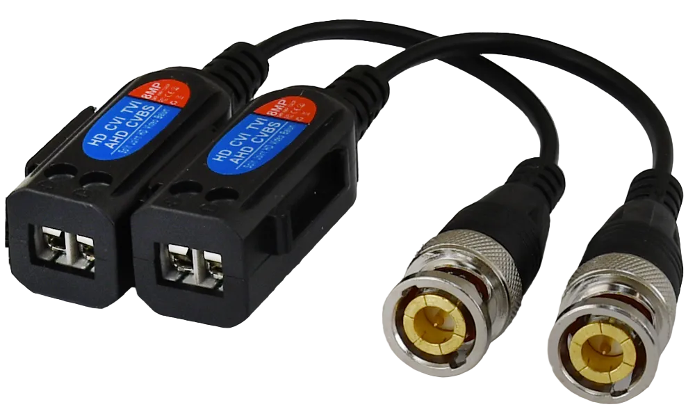 8MP CCTV video balun pair with BNC male connectors and 2-wire terminals