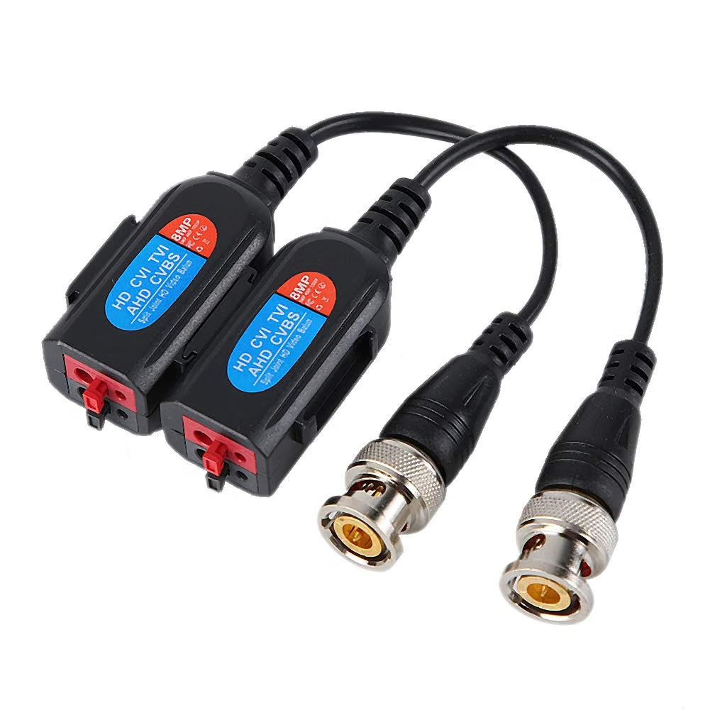 8MP CCTV video balun pair with BNC male connectors and two-wire terminals
