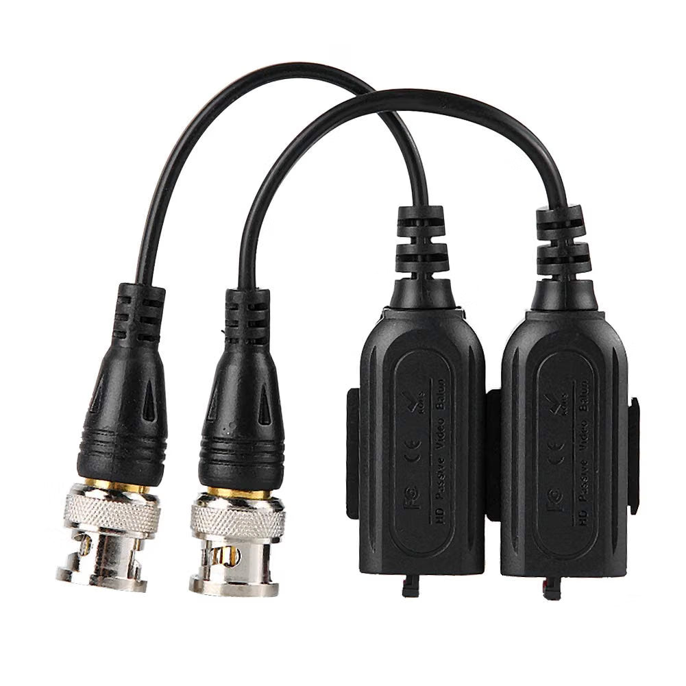 8MP CCTV video balun pair with BNC male connectors and two-wire terminal