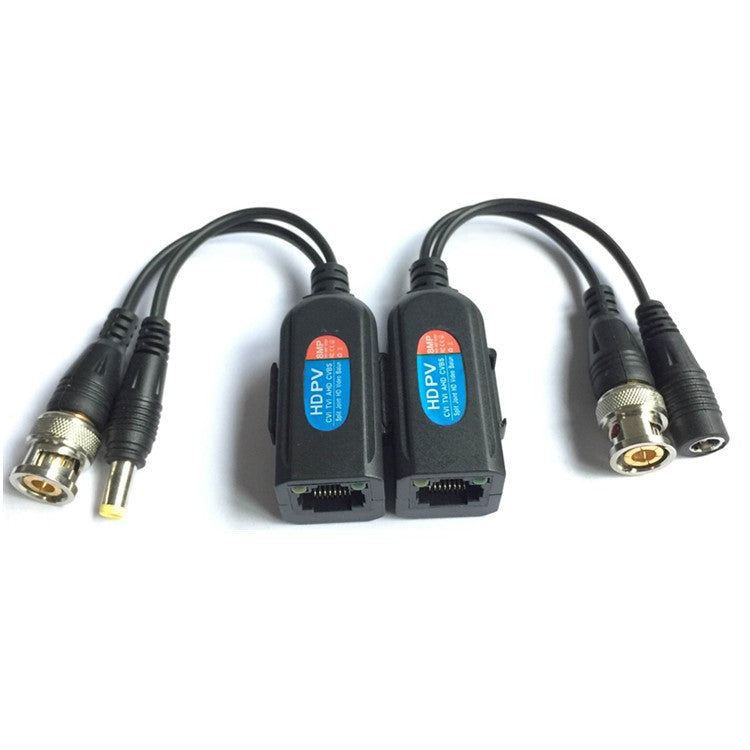 8MP CCTV video and power balun pair with BNC DC and RJ45 connections