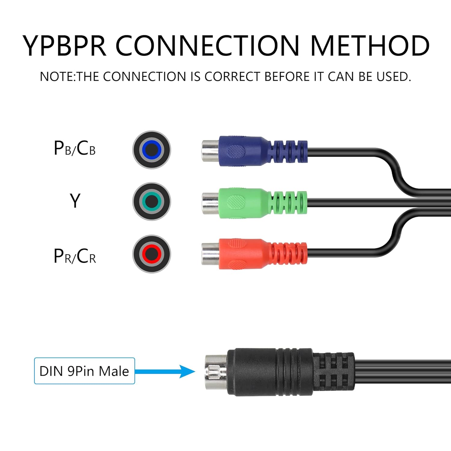 Overview of the 9-pin S-Video DIN to three RCA component female adapter cable