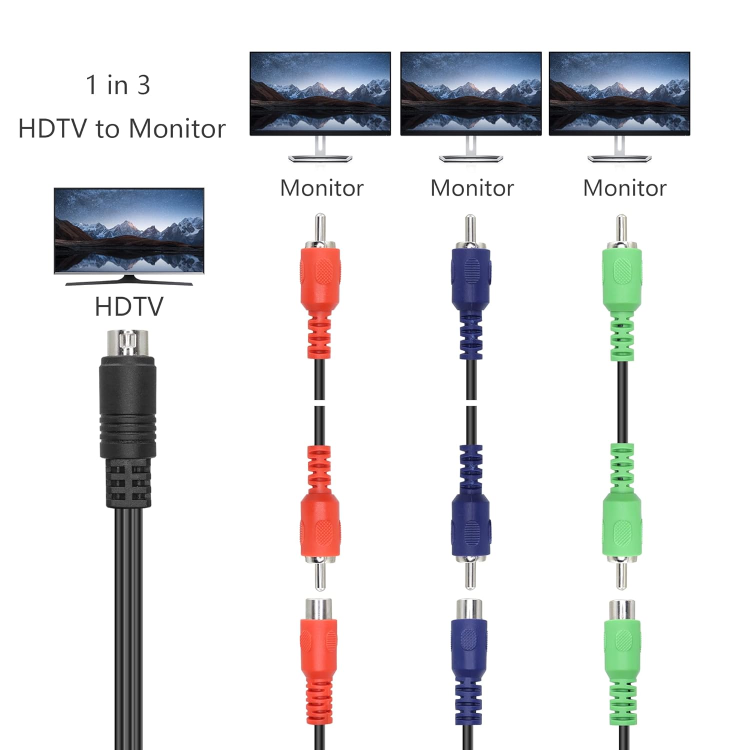Rear view of the 9-pin S-Video DIN to three RCA component female adapter cable showing flexible cable construction