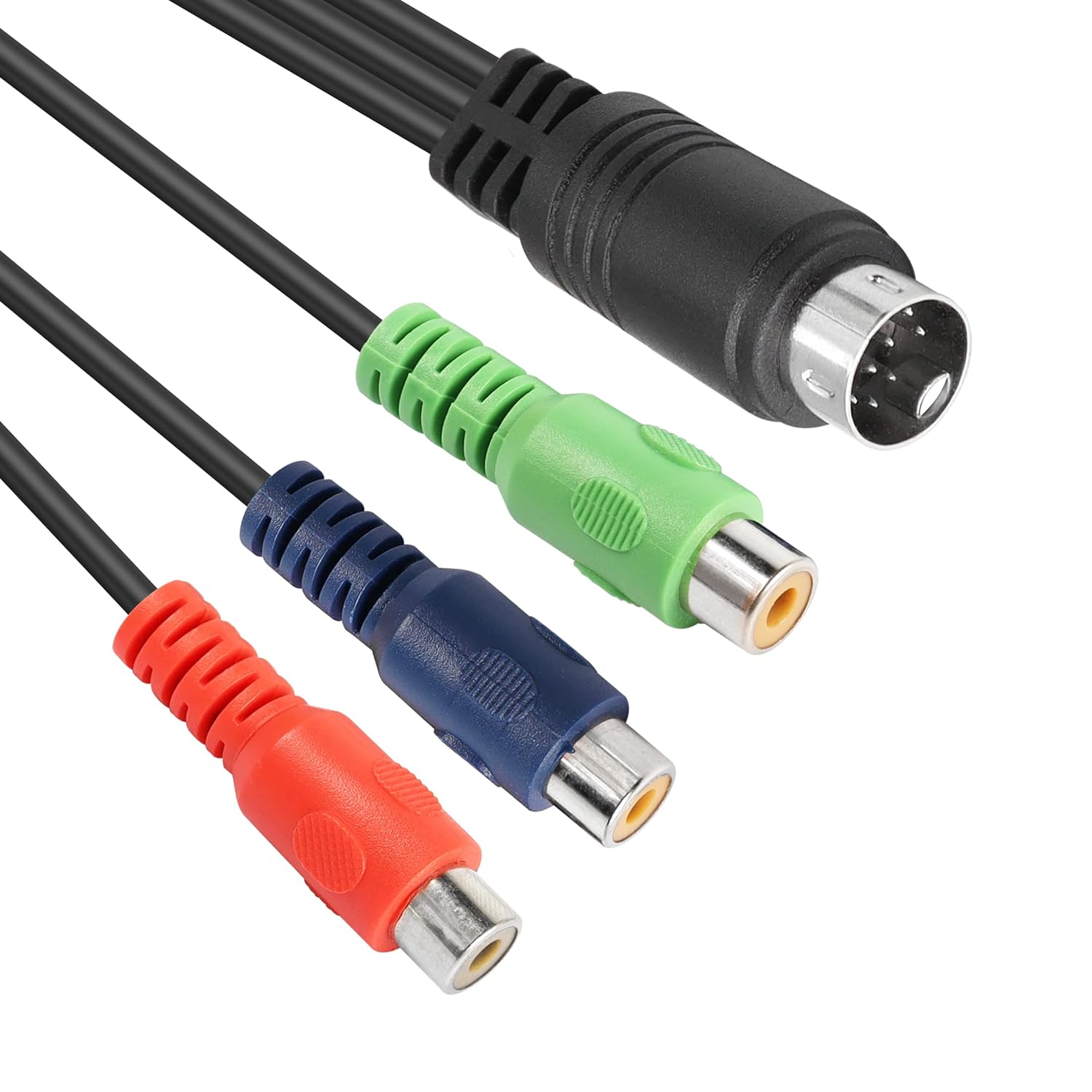 Close-up of 9-pin DIN connector and colour-coded RCA component sockets