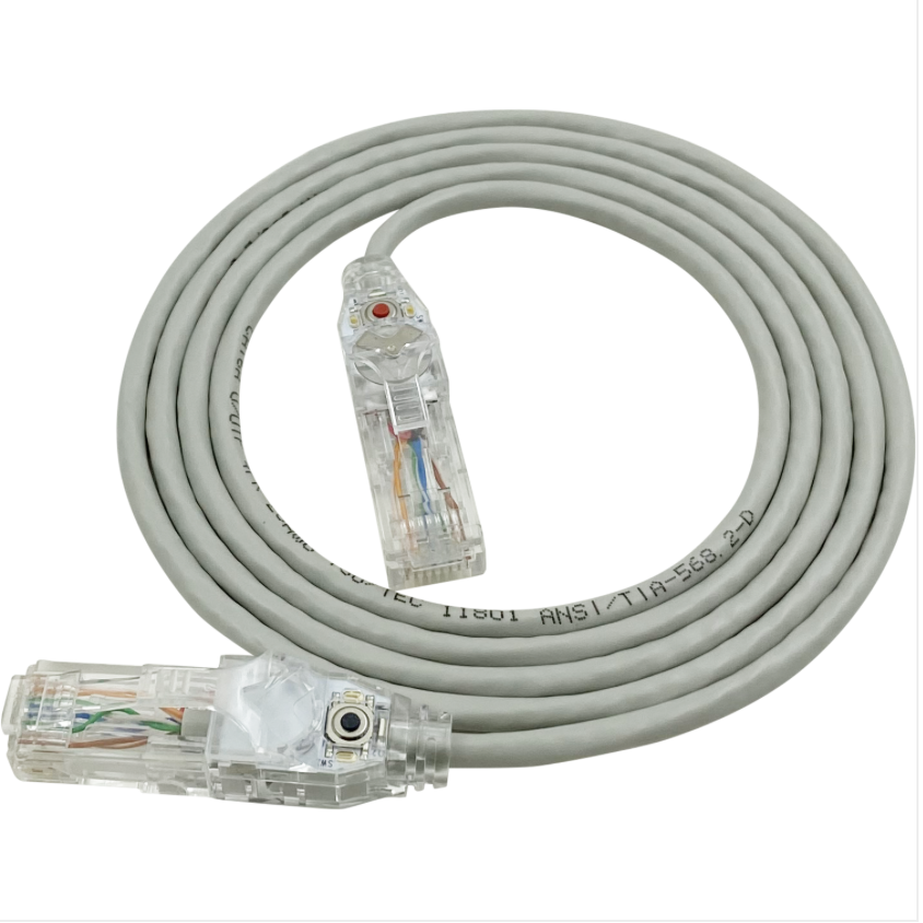 Gray Ethernet cable with clear connectors on a white background