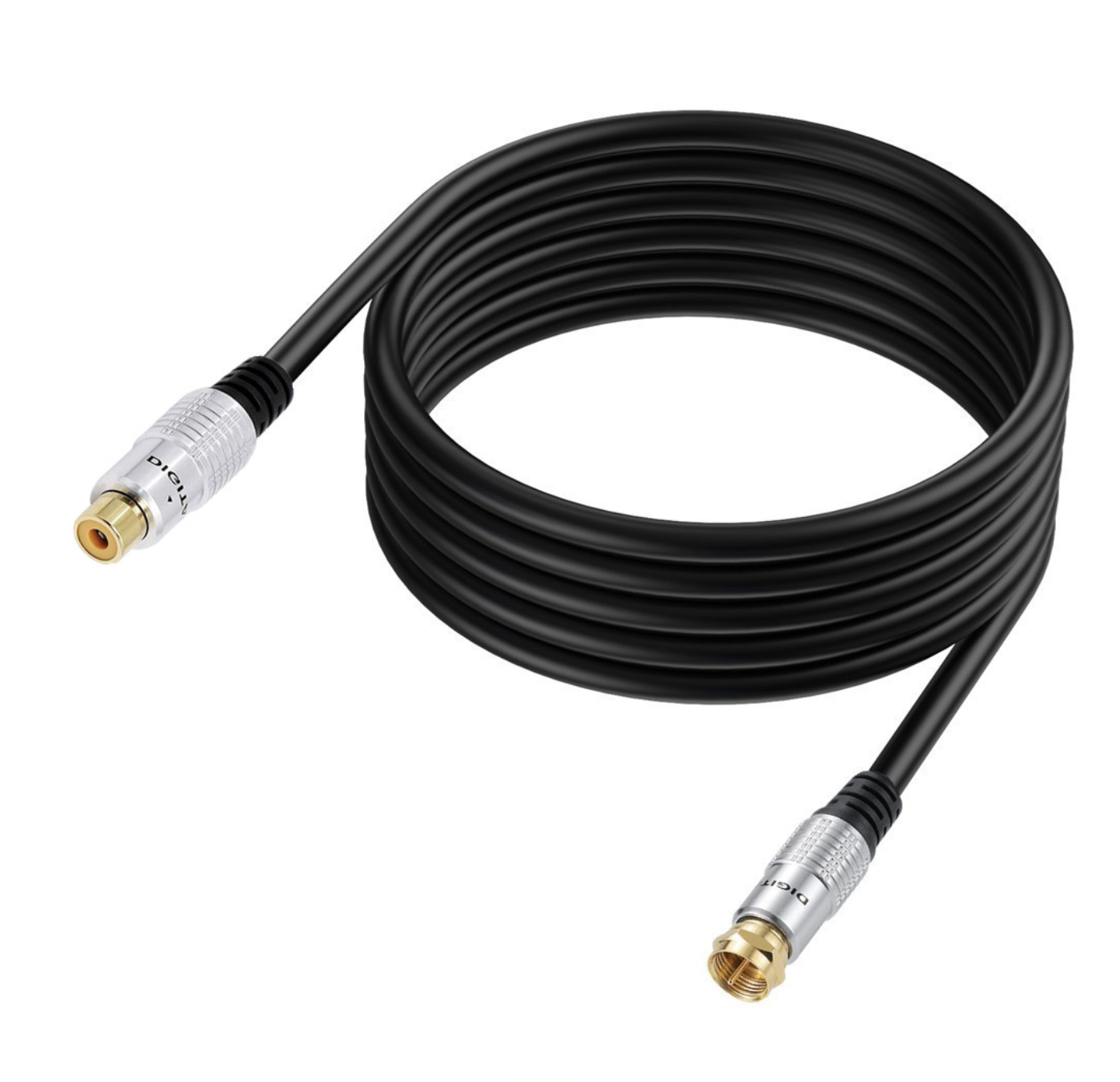 Coiled black cable with gold and silver connectors on a white background