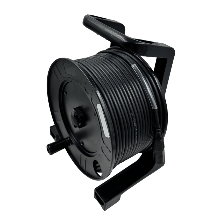 Black reel with cable on a white background