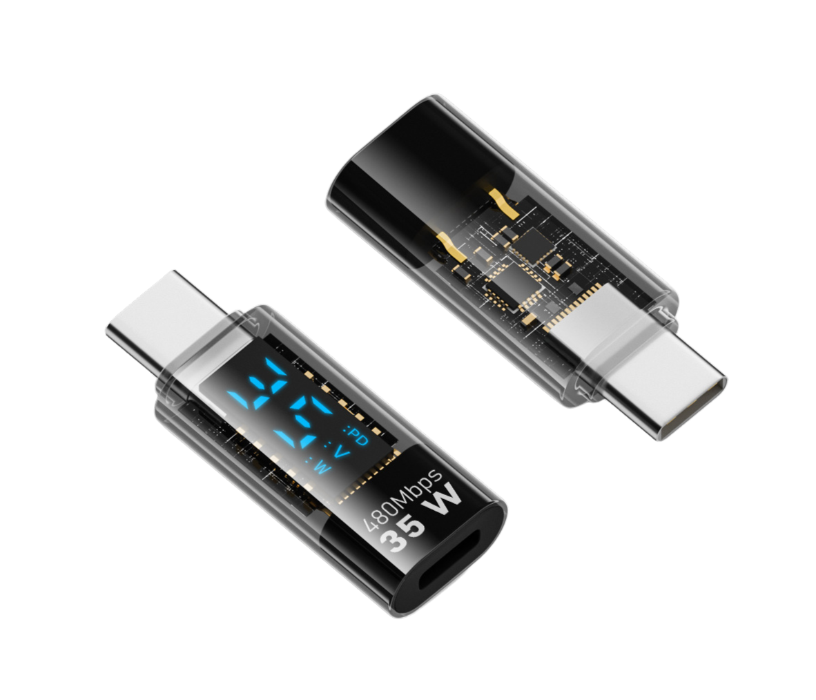 A black USB-C male to USB-C female adapter with a transparent design showing internal components and a visible LED light indicating charging status.