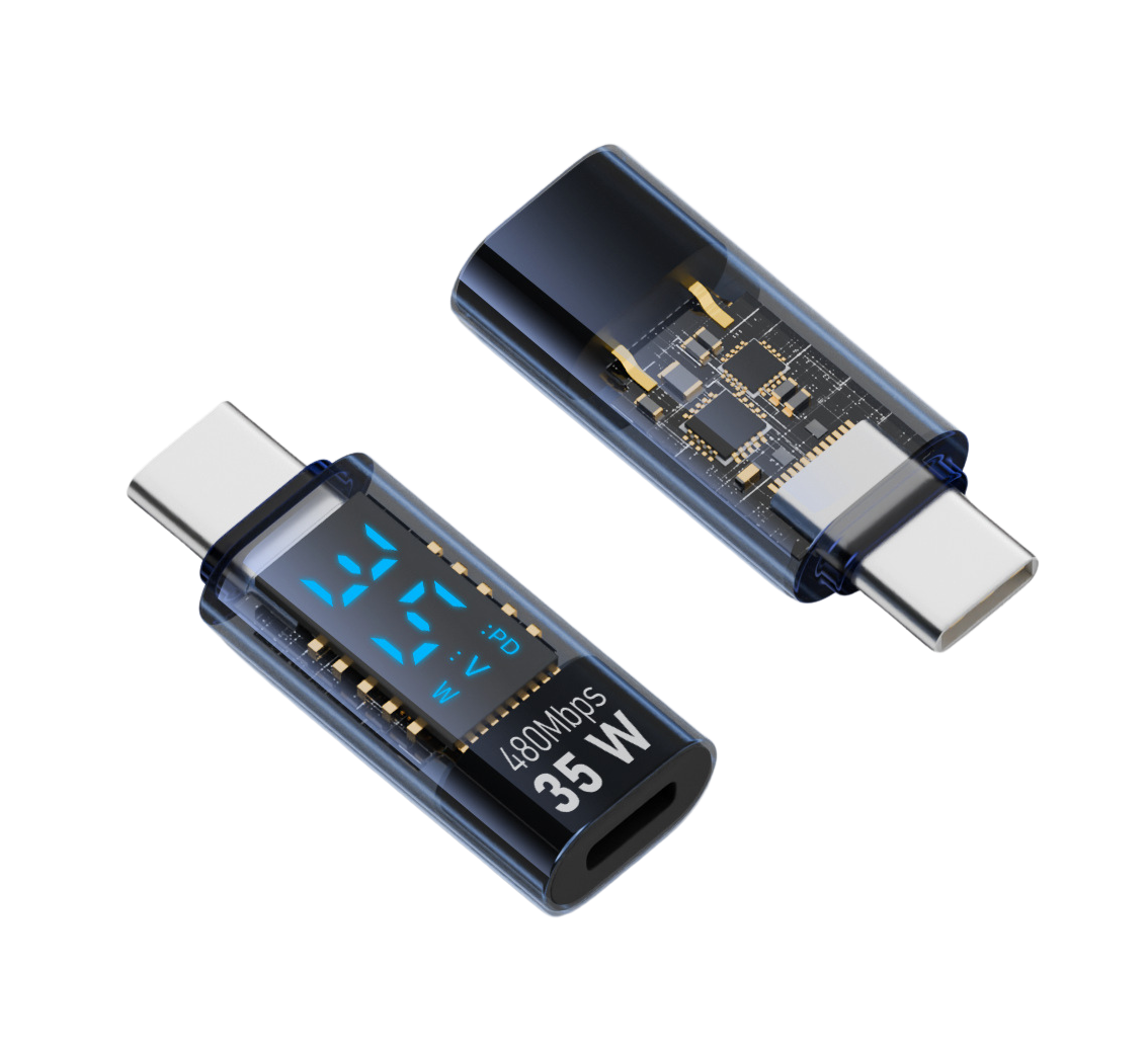A USB-C Male to 8Pin Female data extension adapter with a digital display showing the USB-C logo, available in black color.