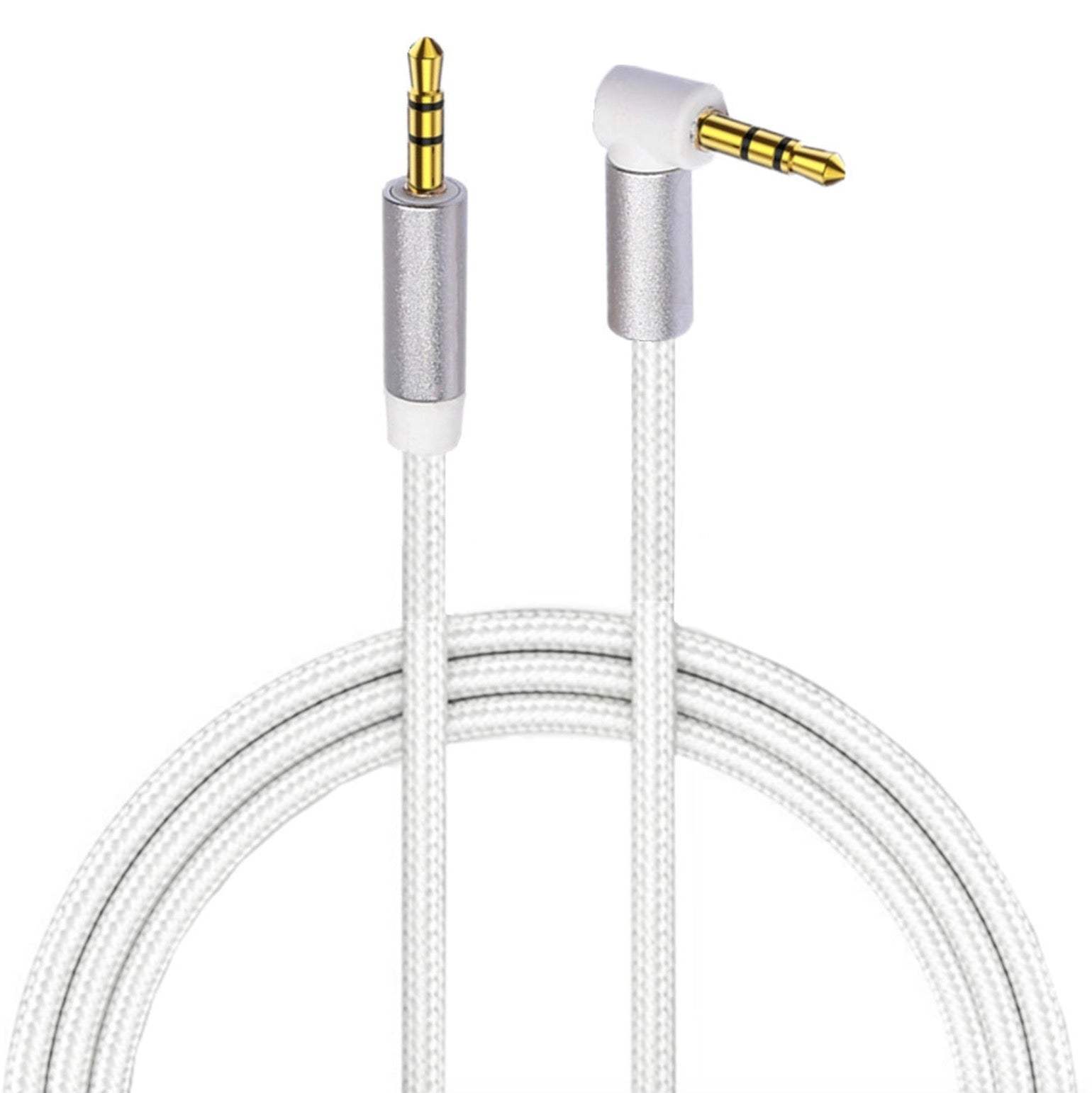 A white 3.5mm TRS angled male to male audio cable with 24k gold-plated connectors on both ends.