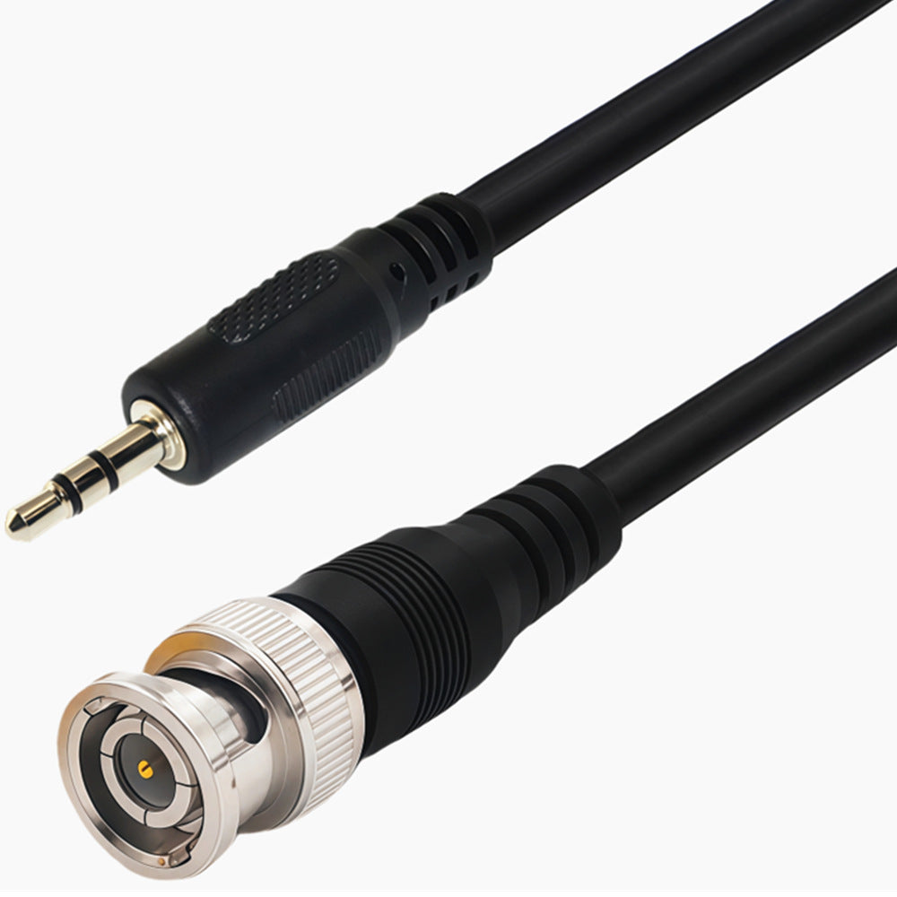 Black audio cable with 3.5mm plug and BNC connector on a white background