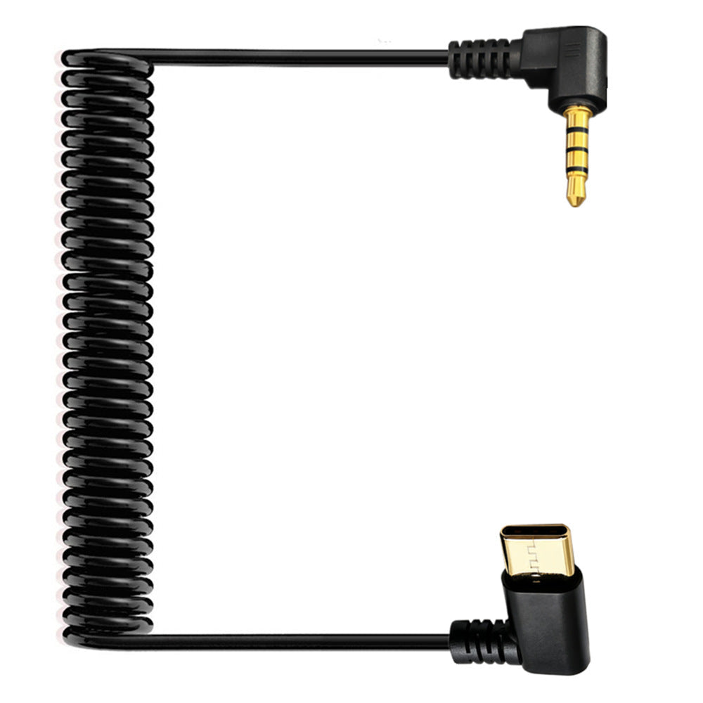 Black USB-C to 3.5mm analogue audio cable with right-angle plugs
