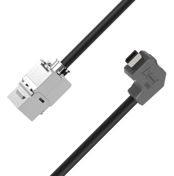 Black ix Industrial CAT6A Ethernet cable with upward angled IX B-Key to RJ45 keystone jack