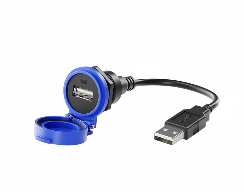 Blue USB adapter with cable on a white background