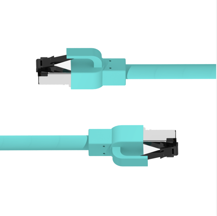 Two turquoise Ethernet cables with black connectors on a white background