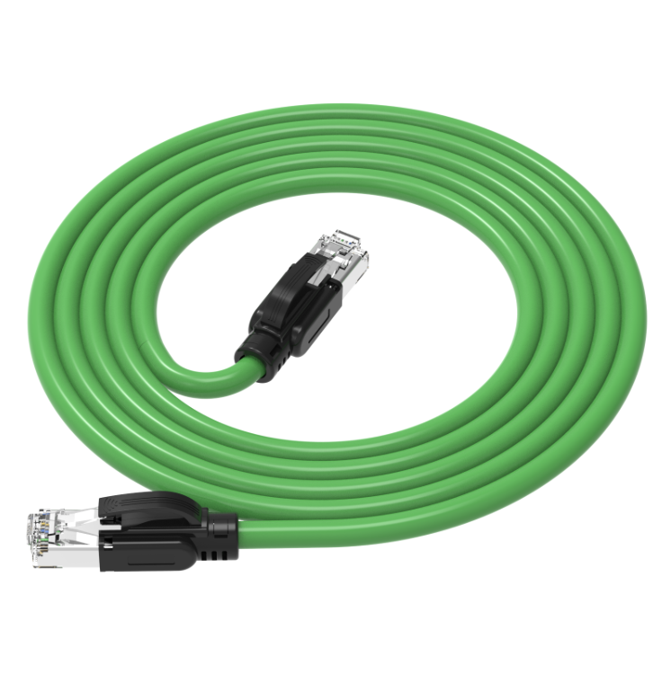 Green Ethernet cable with black connectors on a white background