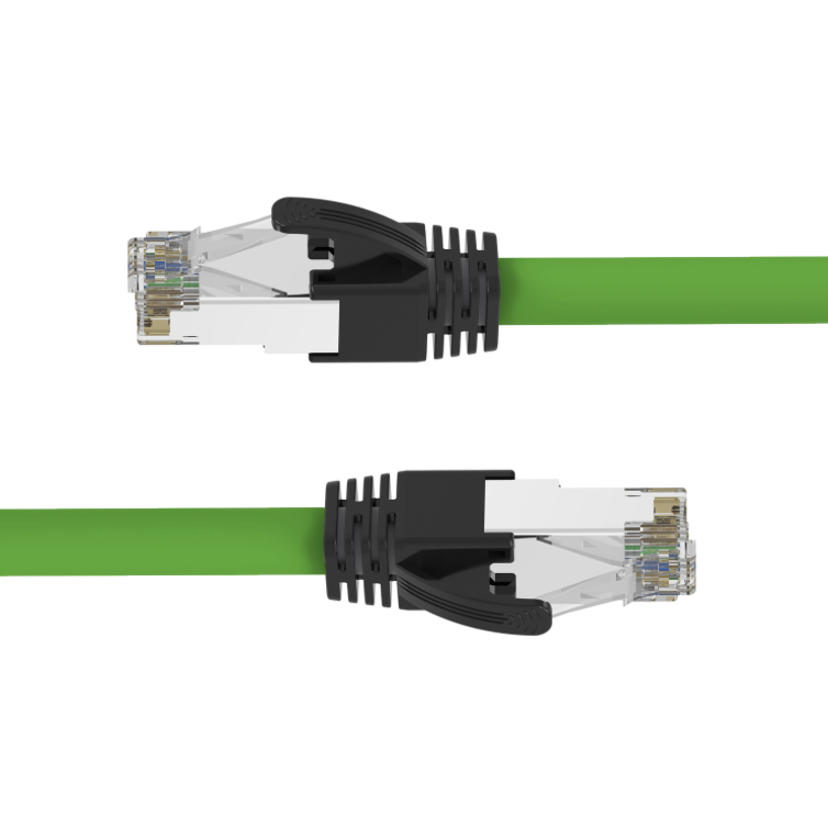 Two green Ethernet cables with black connectors on a white background
