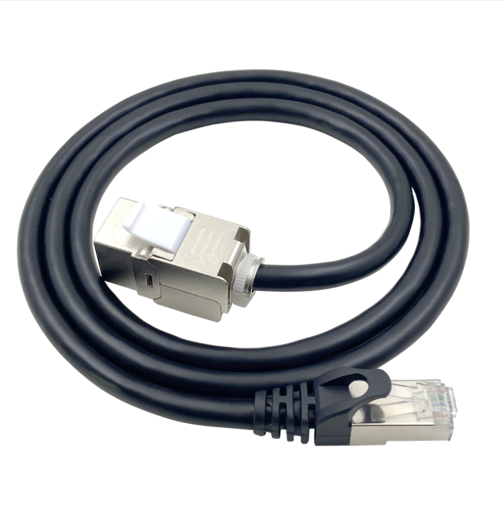 Ethernet cable with one end showing an RJ45 connector and the other a fiber optic connector on a white background.