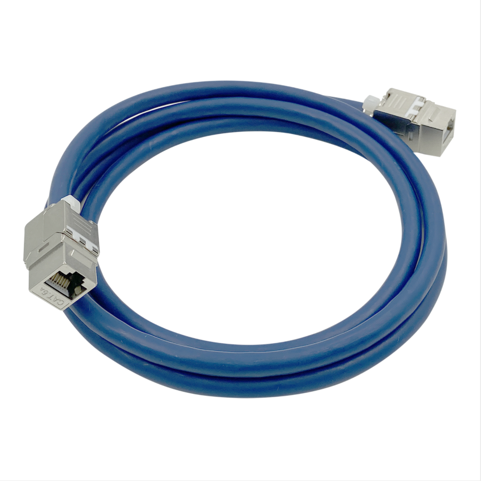 Blue Ethernet cable with silver connectors on a white background