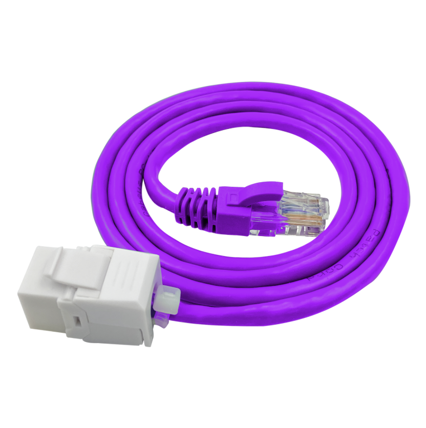 Purple Ethernet cable with a white connector on a white background