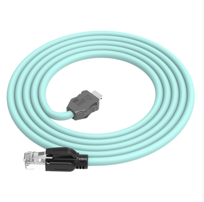 CAT6A ix Industrial B-Key to RJ45 male Ethernet cable in teal