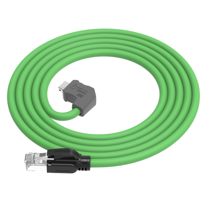 Green cable with gray and black connectors on a white background